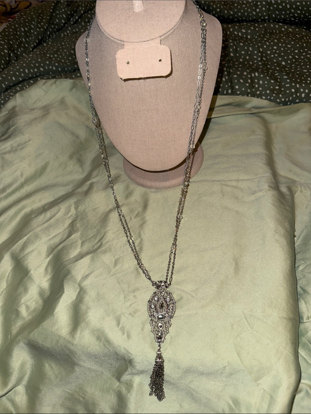 Source Unknown Silver Crystal Tassel Pendant Necklace